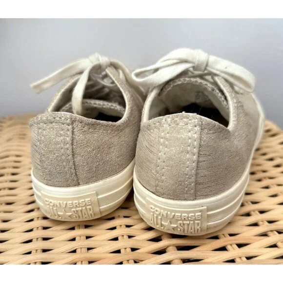 SIZE 2 Girls Converse Gold Metallic Threads Egret White Suede Leather Low Sneake - Picture 6 of 9
